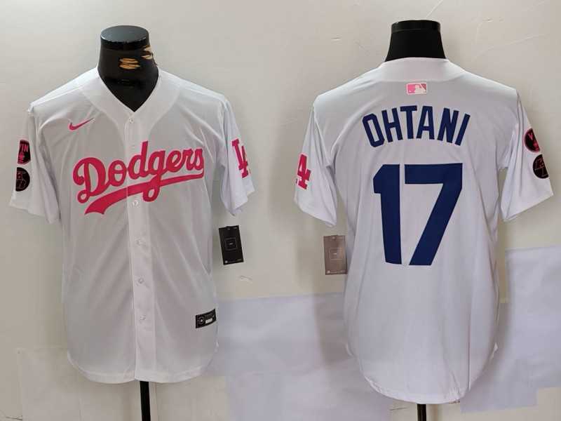 Mens Los Angeles Dodgers #17 Shohei Ohtani White Pink Vin & Kobe Patch Stitched Baseball Jersey